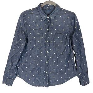 Gap Shirt Women's Small Blue Polka Dot‎ Cotton Round Hem Long Sleeve Button-Up